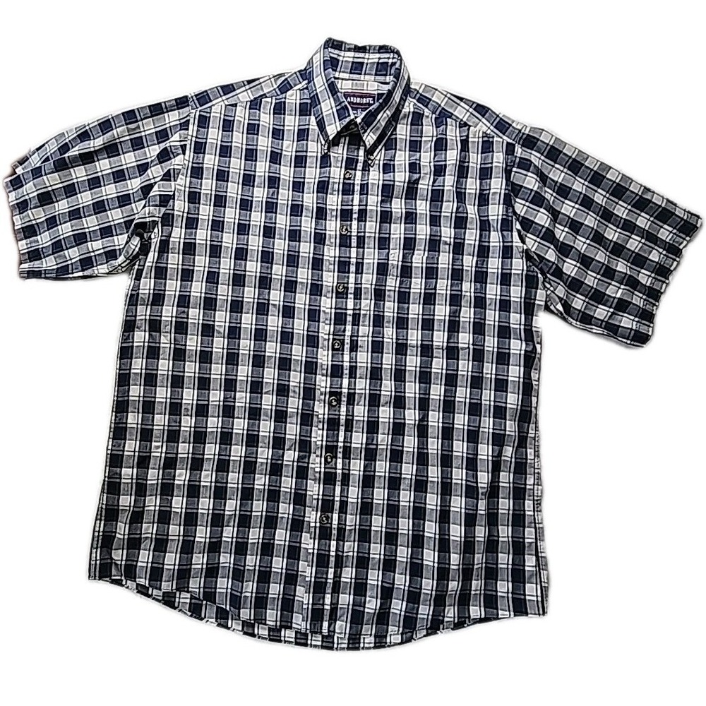 Andhurst Large Tall Men's Navy/White Western Plaid Button Up‎ Short Sleeve EUC